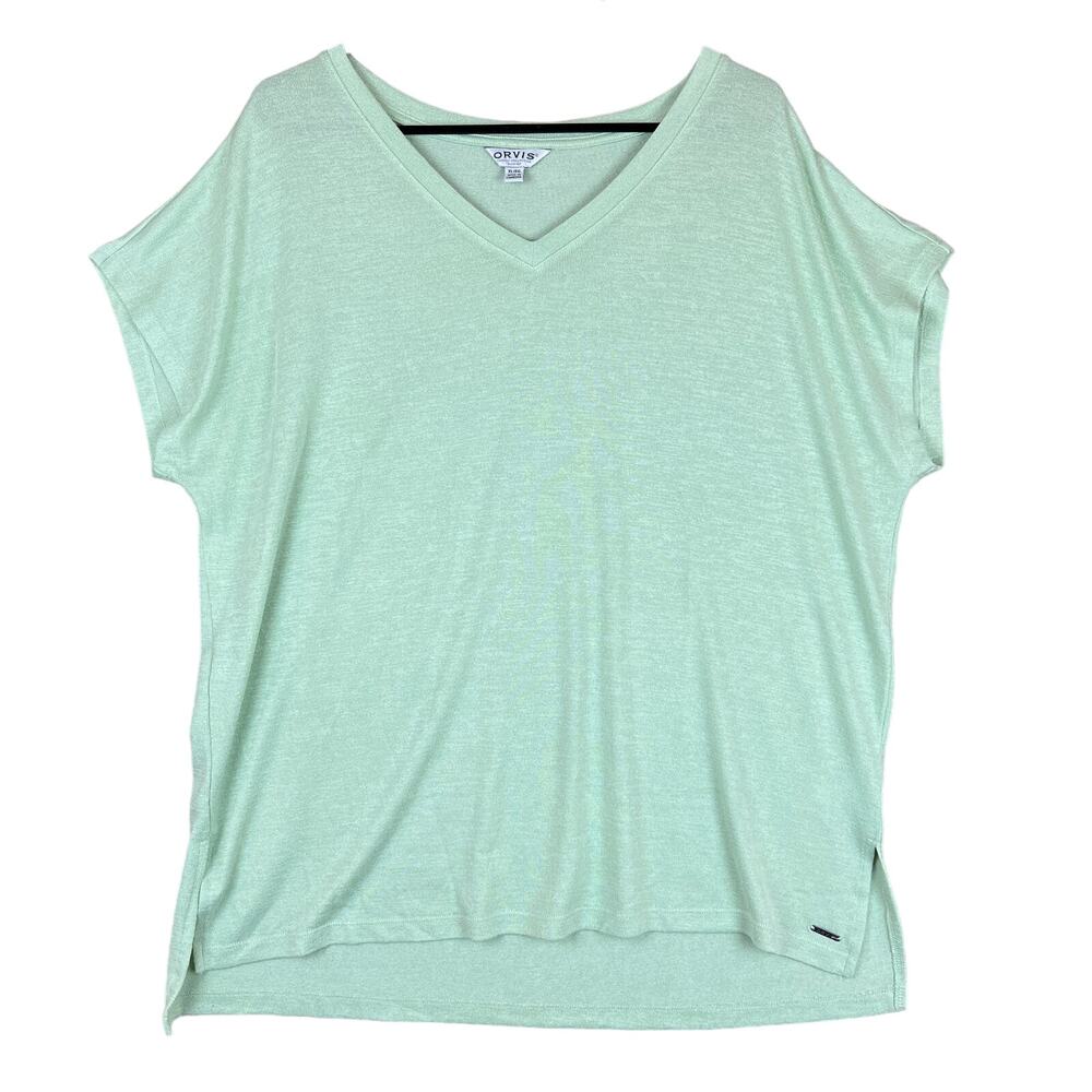 Orvis Womens Shirt Green V Neck Hi Low Slit Hem Short Sleeve Stretch Casual XL